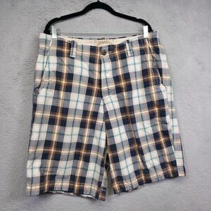 Y2K Hollister Shorts Mens 34 Blue White Plaid Chino Button Fly Distressed Preppy